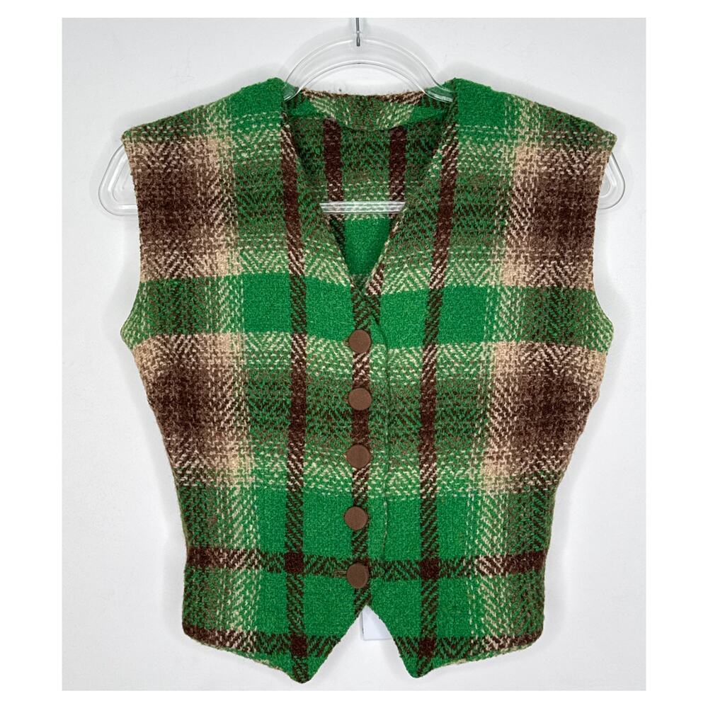 1970s Handmade Green Brown Plaid Skirt & Vest Set XXS - Picture 3 of 14